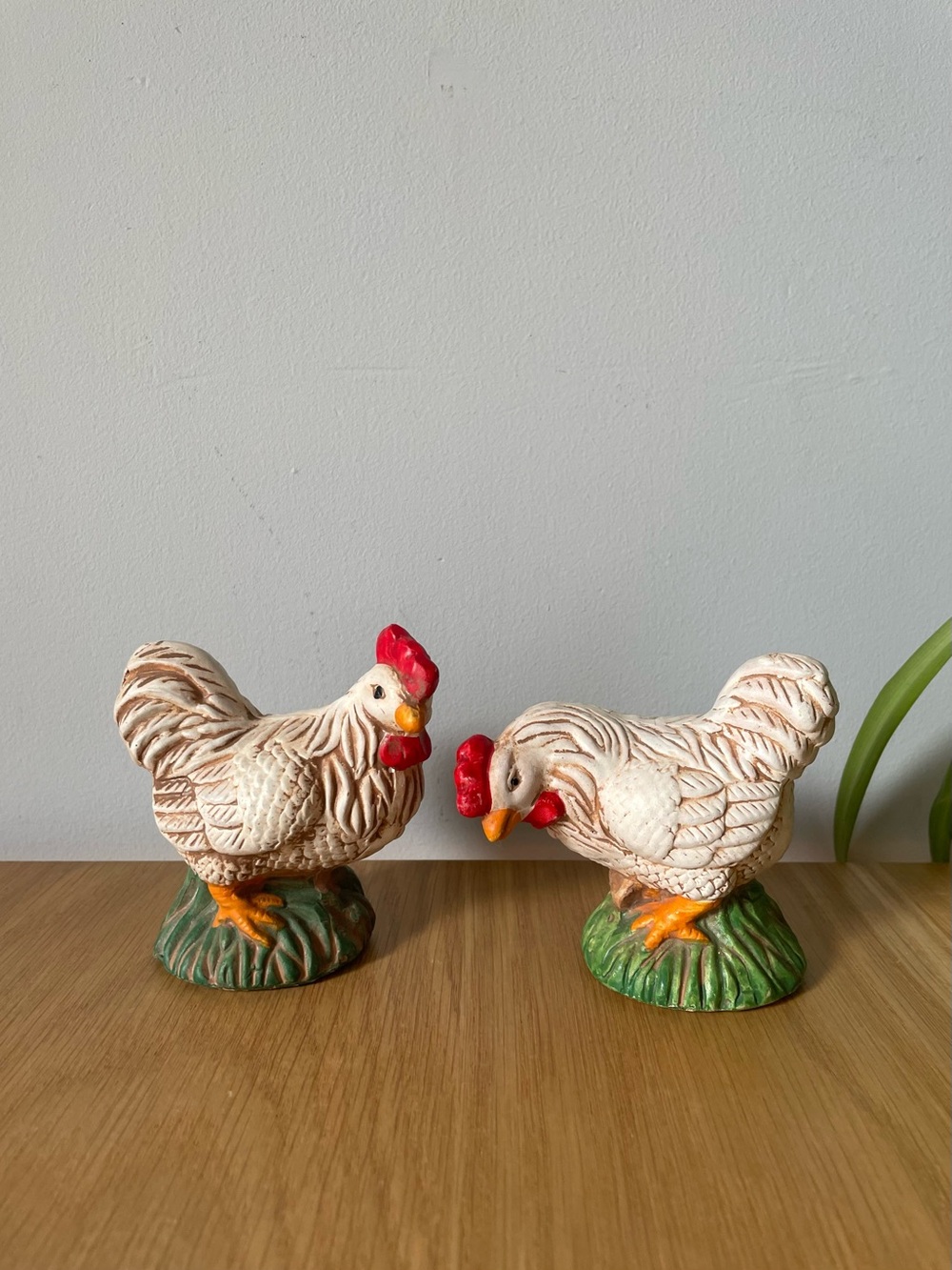 Vintage Farmyard Earthenware Pottery Chicken Figurines with Red Combs